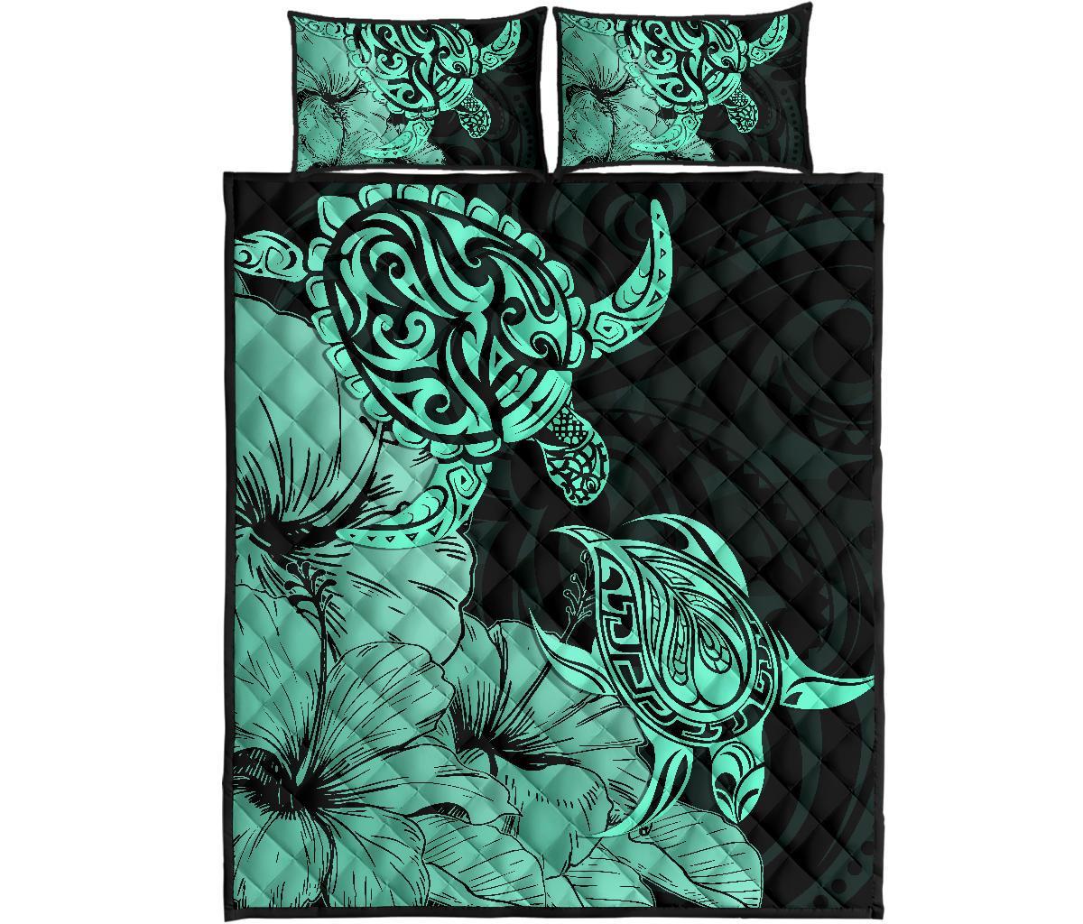 Hawaii Turtle Quilt Bed Set Polynesian Hibiscus Art Turquoise AH Turquoise - Polynesian Pride