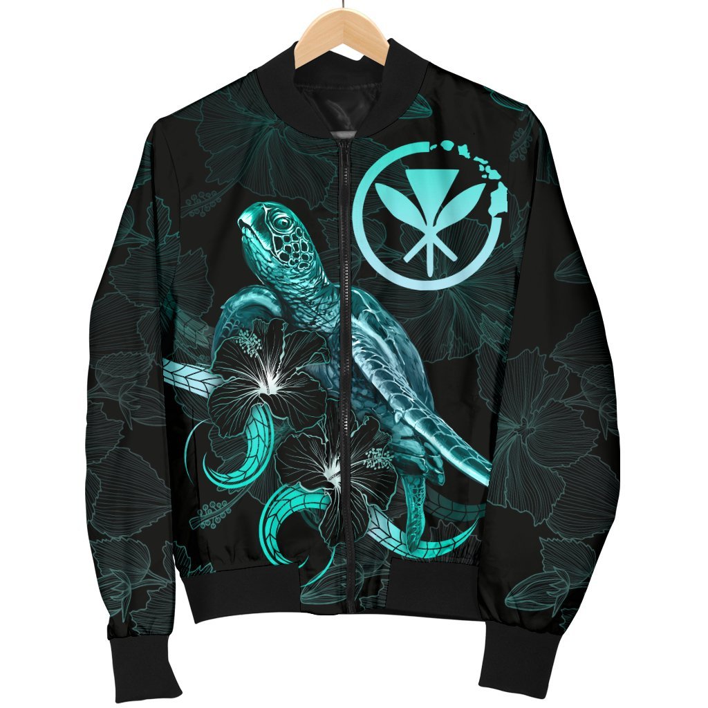 Hawaii Polynesian Men's Bomber Jacket - Turtle With Blooming Hibiscus Turquoise - Polynesian Pride