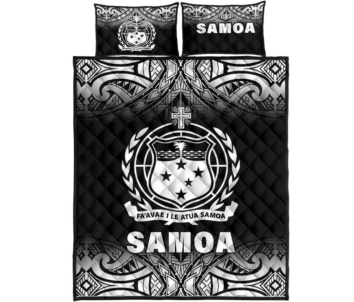 Samoa Quilt Bed Set - Samoa Coat Of Arms Polynesian Tattoo Black Fog White Version Black - Polynesian Pride