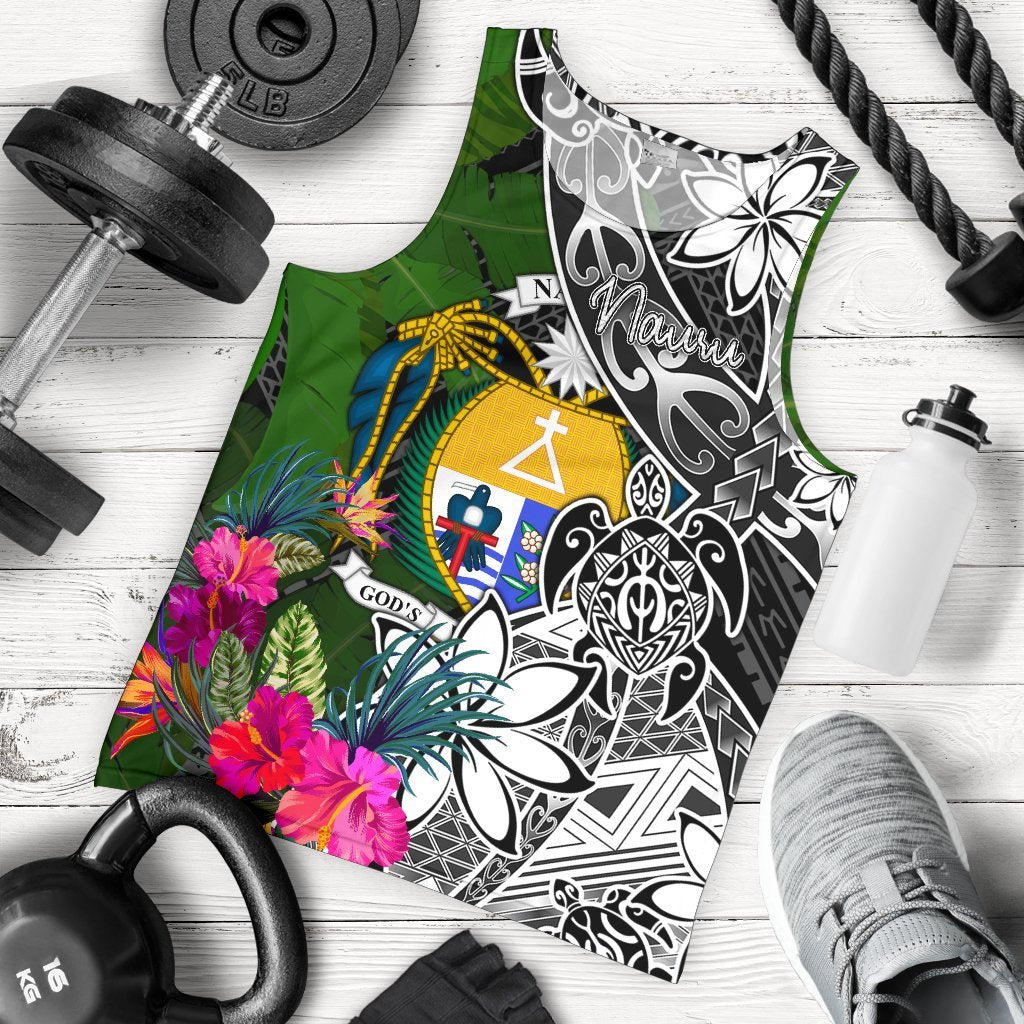 Nauru Men Tank Top - Turtle Plumeria Banana Leaf Crest Black - Polynesian Pride