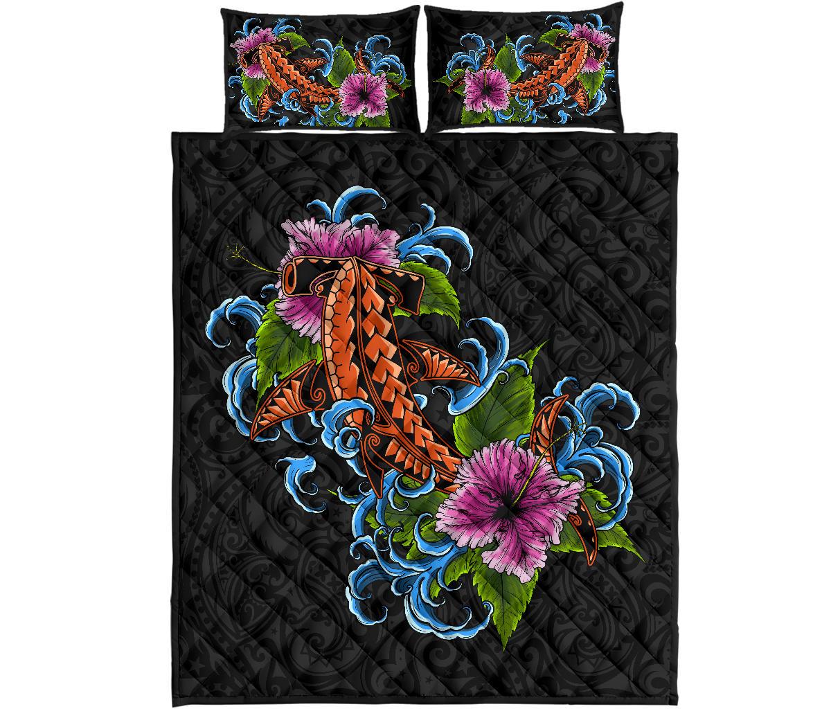 Hawaii Quilt Bed Set - Hawaii Hibiscus Cephalofoil Tattoo Black - Polynesian Pride