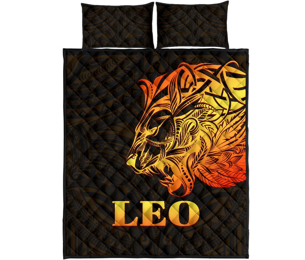 Sun In Leo Zodiac Quilt Bed Set Polynesian Tattoo Simple - Orange Black - Polynesian Pride