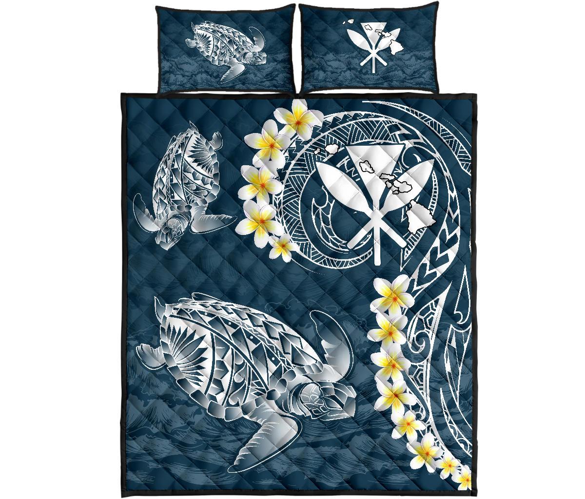 Hawaii Turtle Plumeria Polynesian Quilt Bed Set - Sease Style Blue - Polynesian Pride