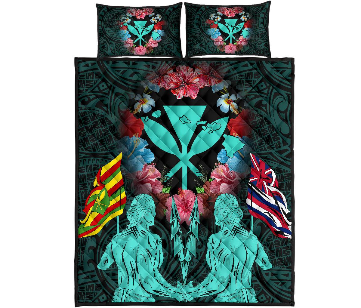 Hawaii Map Kanaka Two Men Holding Flag Quilt Bed Set - AH - Turquoise Turquoise - Polynesian Pride