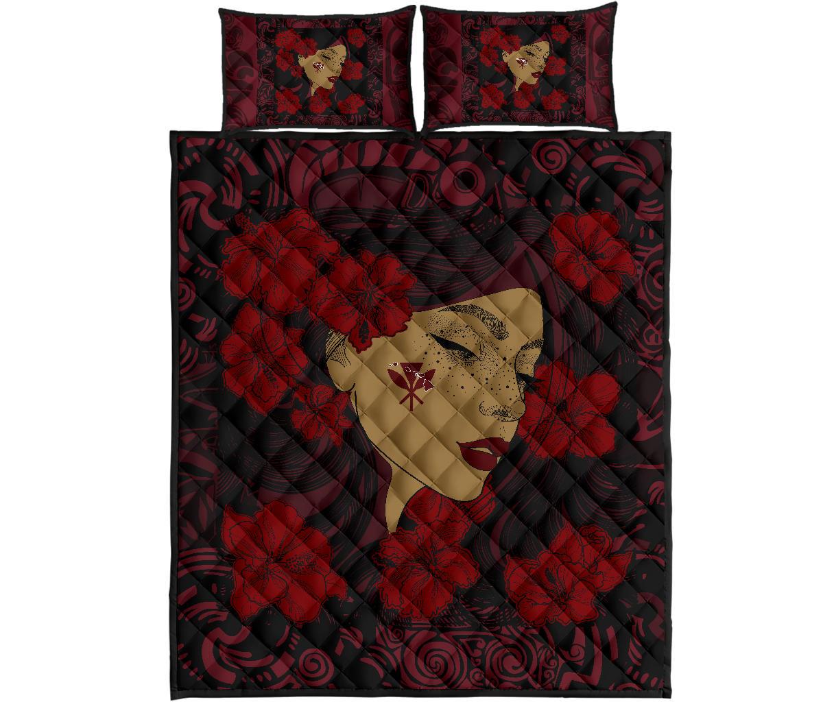 Hawaii Kanaka Polynesian Hula Girl Quilt Bed Set - Black Style - AH Red - Polynesian Pride