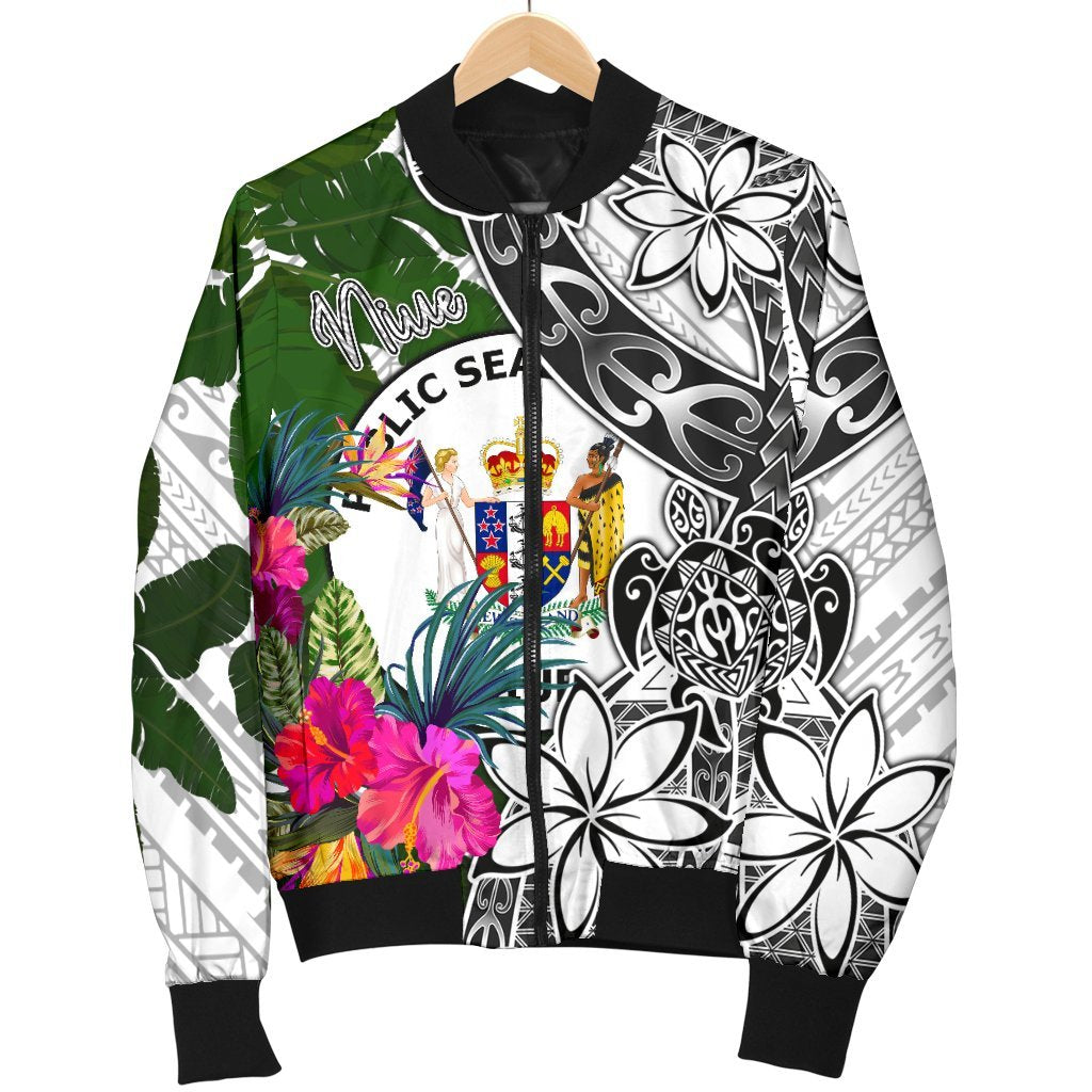 Niue Men's Bomber Jacket White - Turtle Plumeria Banana Leaf - Polynesian Pride