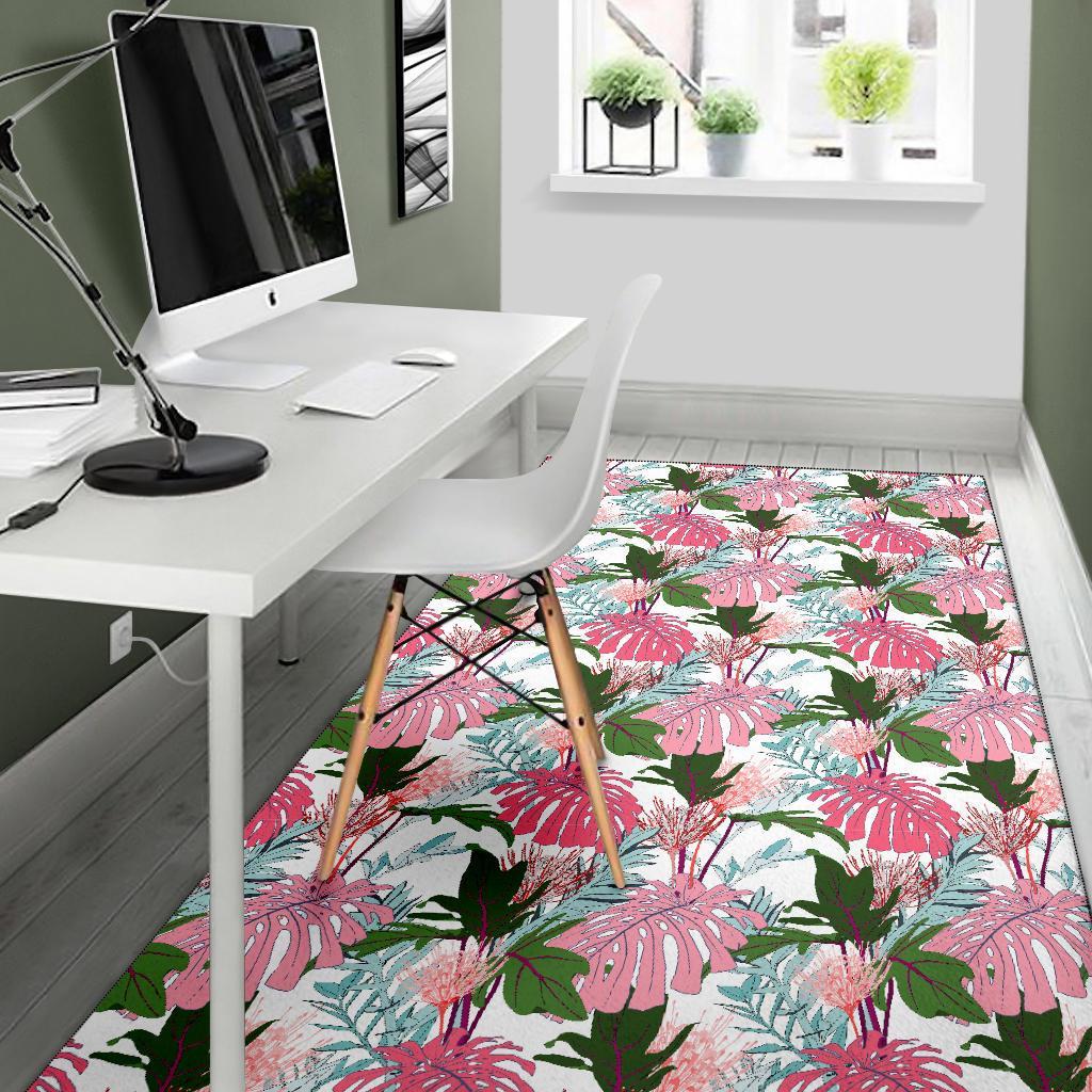 Pink Monstera And Green Tropical Leaves White Rug - Polynesian Pride