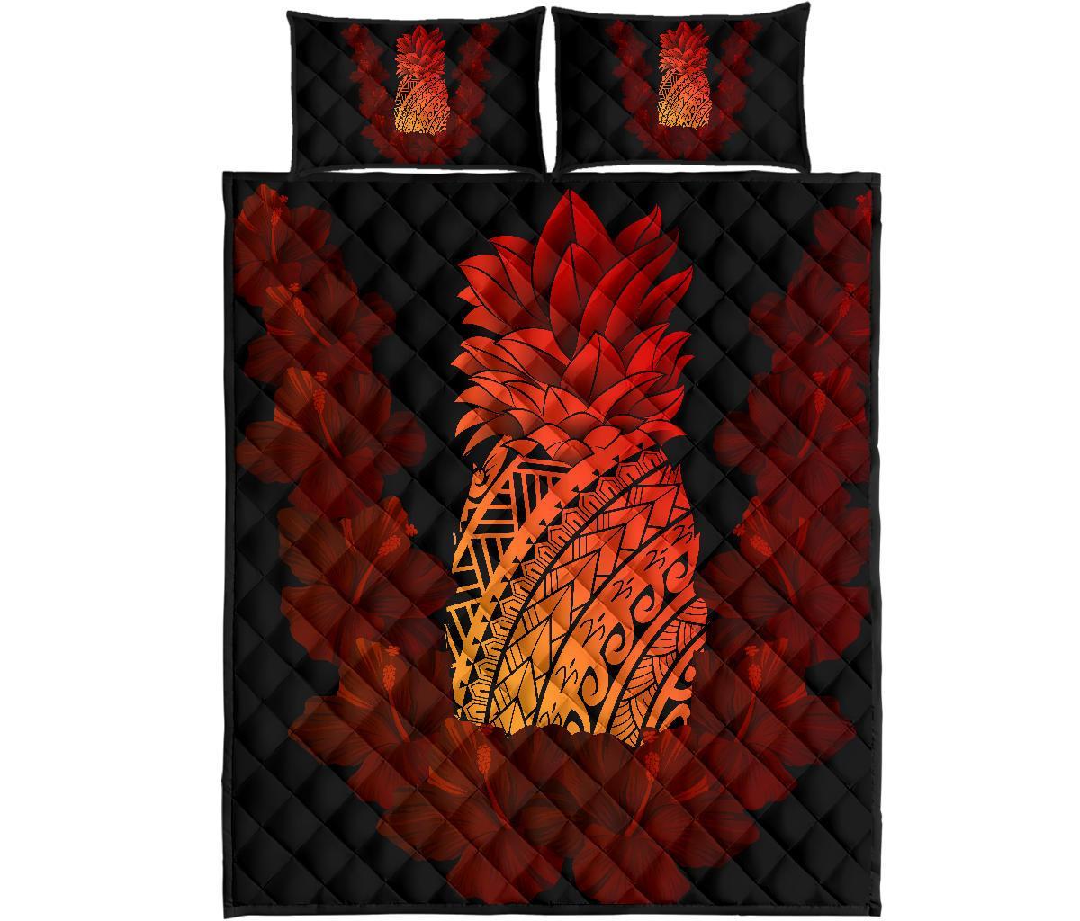 Hawaii Pineapple Hibiscus Quilt Bed Set Orange - Polynesian Pride