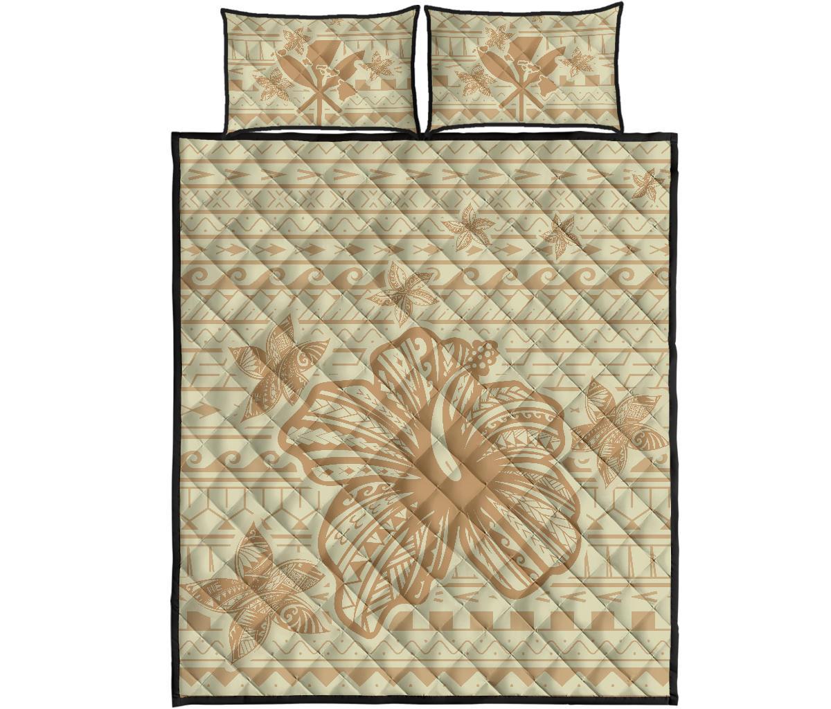 Hawaii Hibiscus Plumeria Kanaka Polynesian Vintage Quilt Bed Set Beige - Polynesian Pride