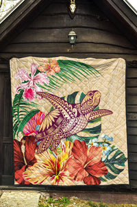 Hawaii Tropical Hibiscus Plumeria Turtle Beige Premium Quilt - Polynesian Pride