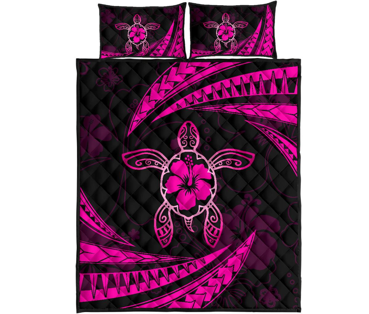 Hawaii Quilt Bed Set - Hibiscus Turtle Tribal Waves Pink Art - Polynesian Pride