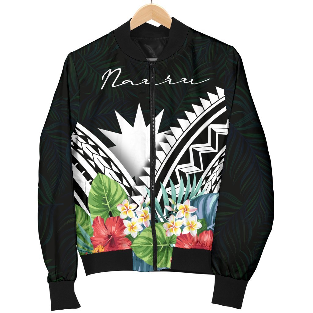 Nauru Men's Bomber Jacket - Nauru Coat of Arms & Polynesian Tropical Flowers White - Polynesian Pride
