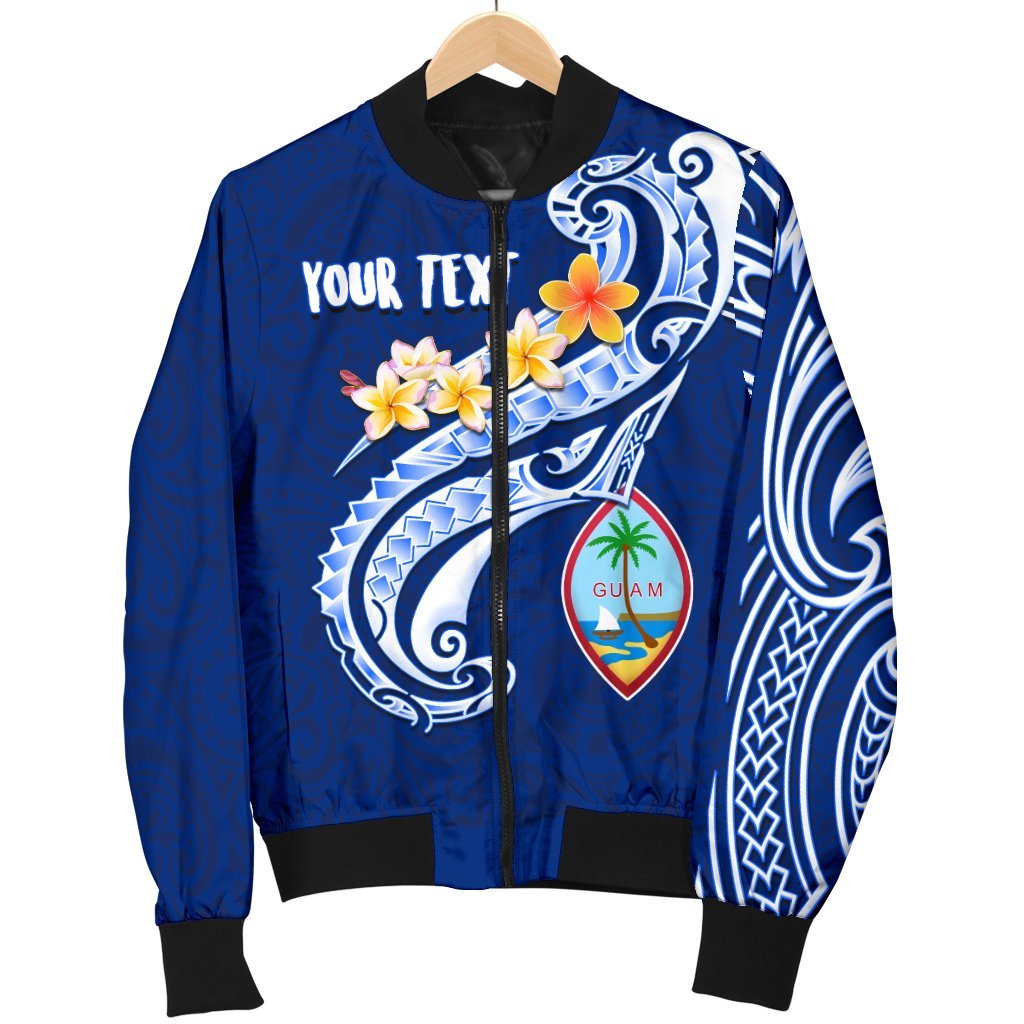 Guam Personalised Men's Bomber Jacket - Guam Seal Polynesian Patterns Plumeria (Blue) - Polynesian Pride