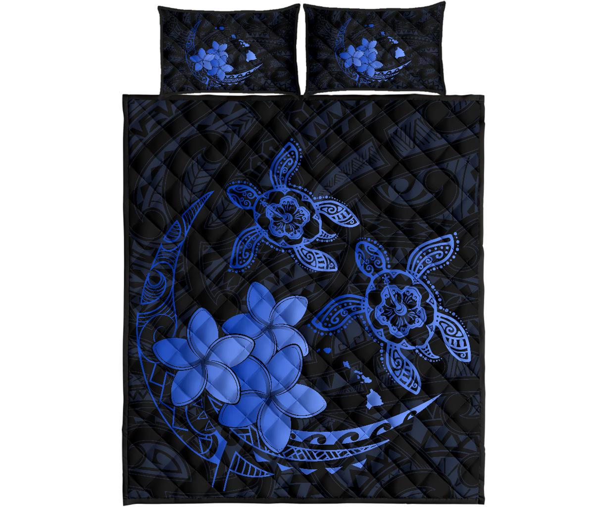 Hawaii Polynesian Turtle Plumeria Quilt Bed Set - Pog Style Blue Blue - Polynesian Pride