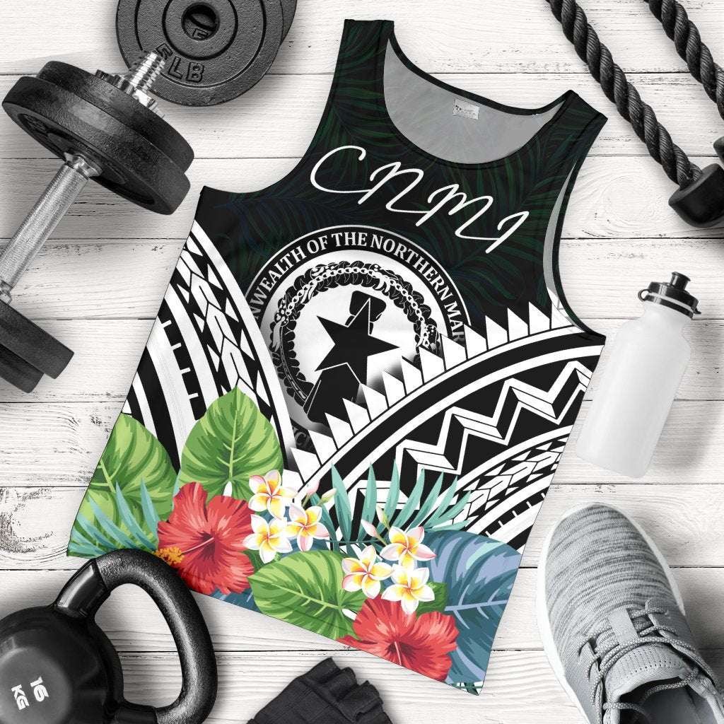 CNMI Men's Tank Top - CNMI Coat of Arms & Polynesian Tropical Flowers White White - Polynesian Pride