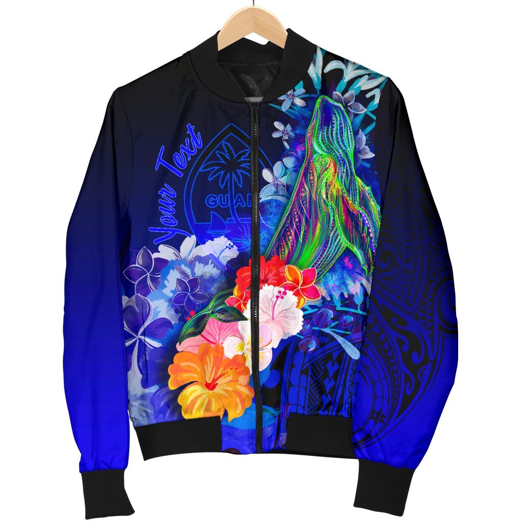 Guam Custom Personalised Men's Bomber Jacket - Humpback Whale with Tropical Flowers (Blue) - Polynesian Pride