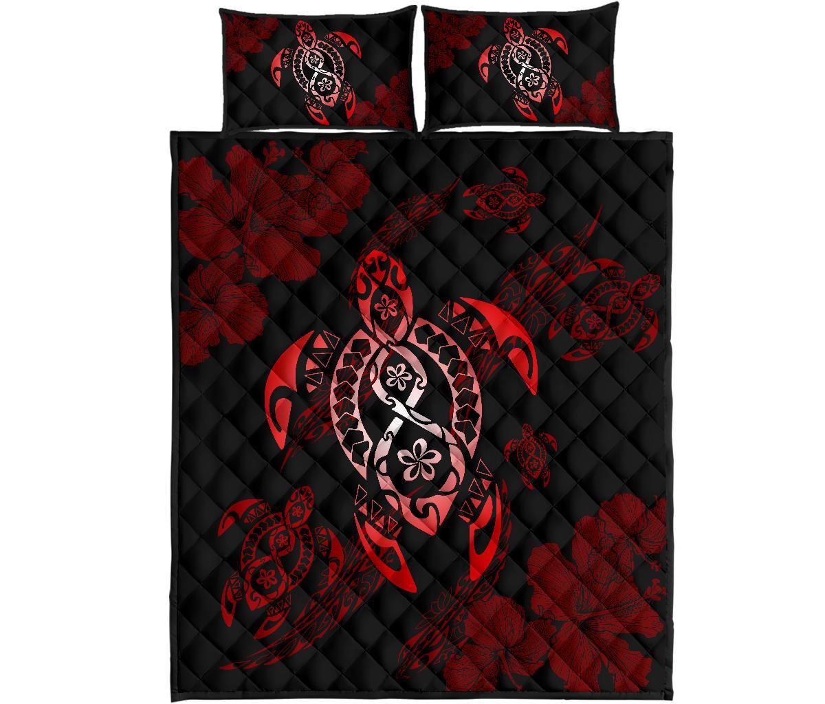 Hawaii Polynesian Turtle Quilt Bed Set Flow Of Turtle Red Black - Polynesian Pride