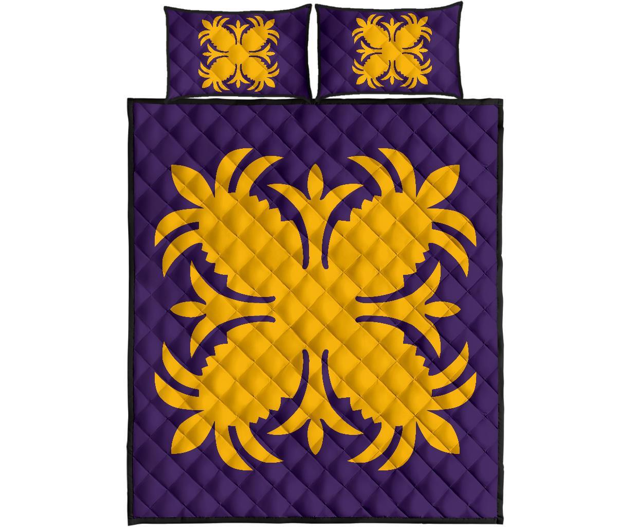Hawaiian Quilt Bed Set Royal Pattern - Purple And Gold - A2 Style - Polynesian Pride
