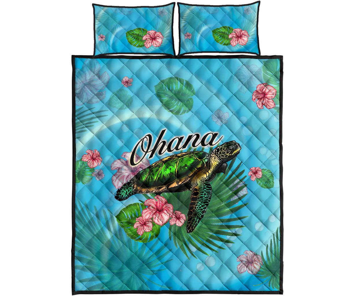 Ohana Hibiscus Ocean Turtle Sea Quilt Bed Set Blue - Polynesian Pride