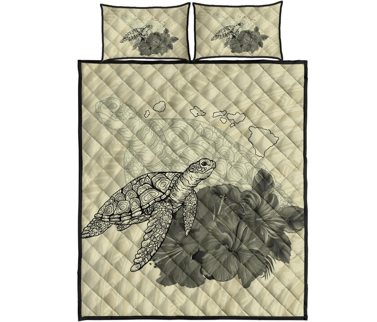 Hawaii Polynesian Hibiscus Turtle Map Quilt Bed Set - AH - Beige Beige - Polynesian Pride