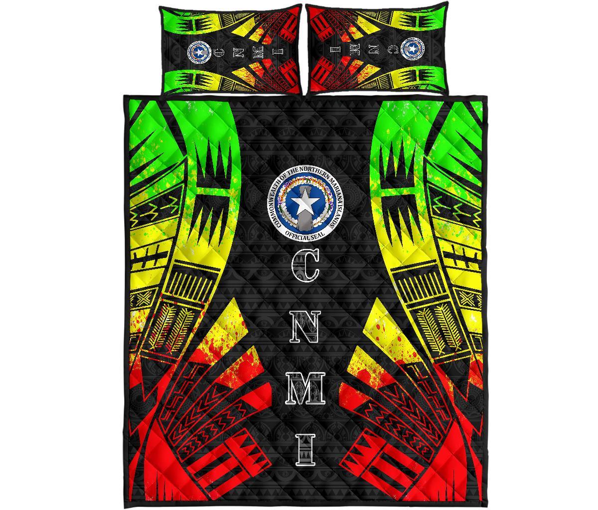 Northern Mariana Islands Quilt Bed Set - Northern Mariana Islands Seal & Polynesian Reggae Tattoo Style Art - Polynesian Pride