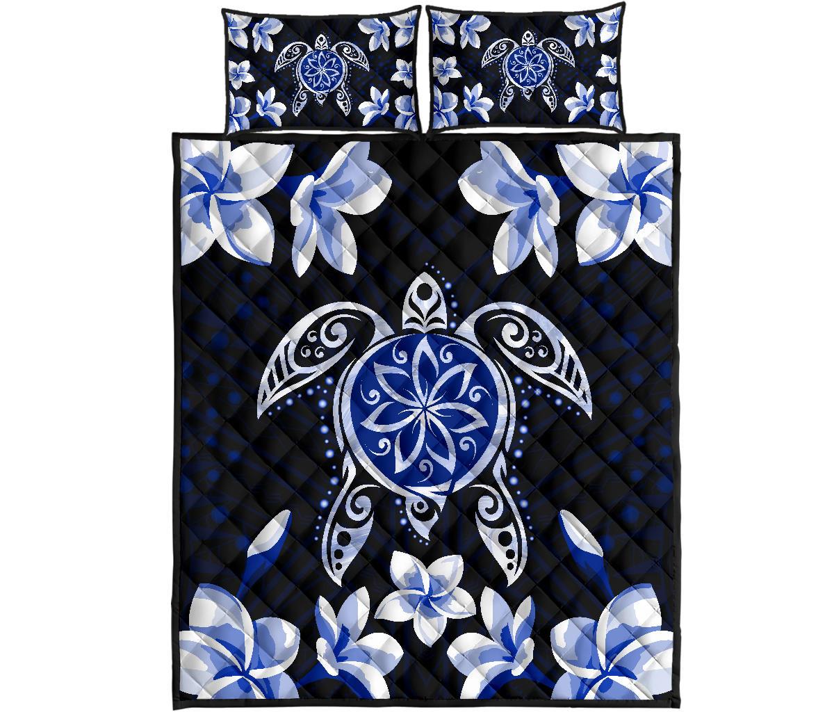 Hawaiian Icon Blue Turtle Plumeria Quilt Bed Set Black - Polynesian Pride