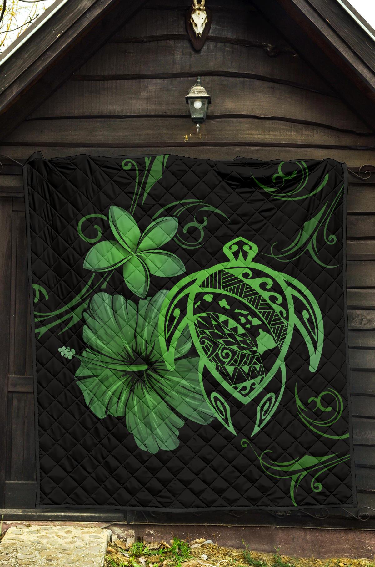 Hawaii Turtle Hibiscus Premium Quilt Green - Polynesian Pride