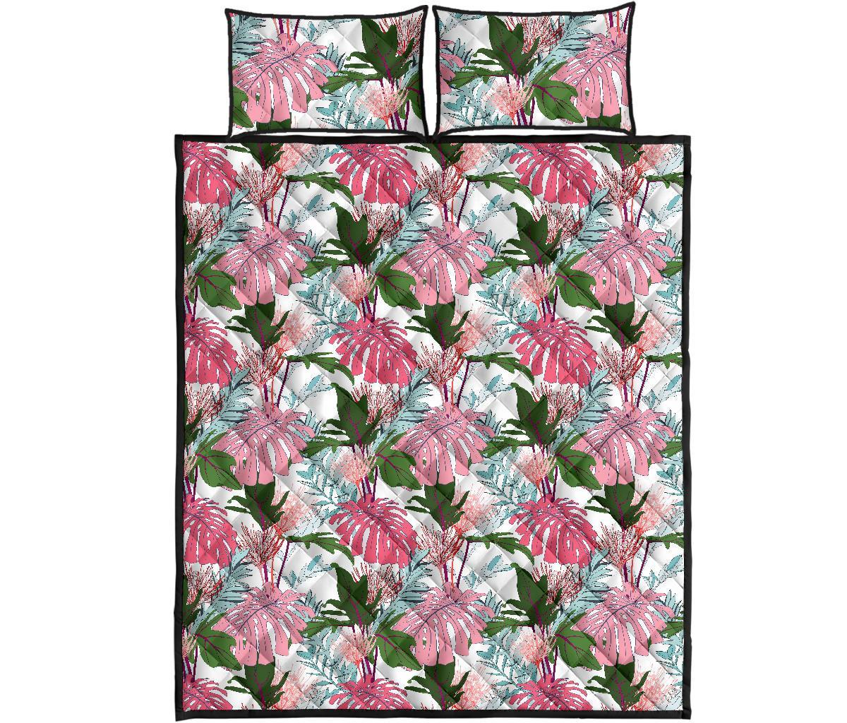 Hawaii Quilt Bed Set Pink Monstera And Green Tropical Leaves White AH - Polynesian Pride