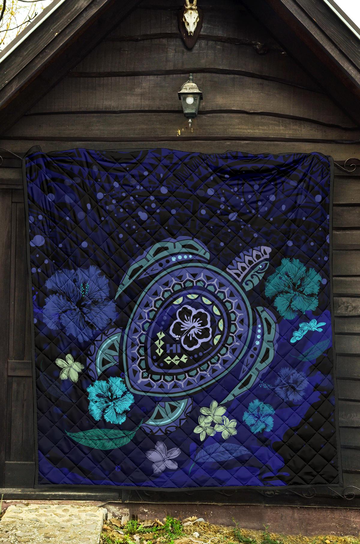 Hawaiian Blue Ocean Honu And Flowers Premium Quilt - Polynesian Pride