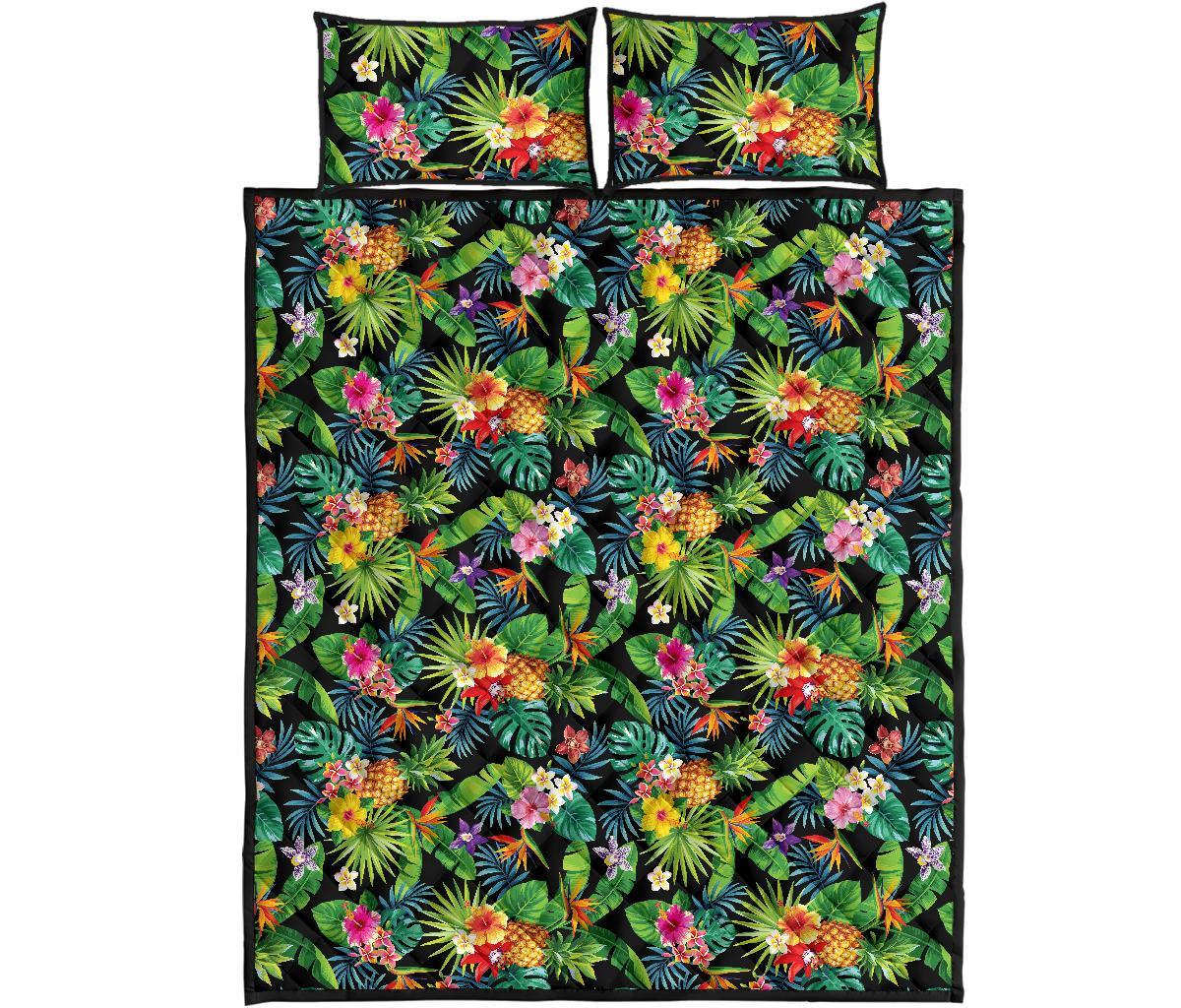 Tropical Pattern With Pineapples Palm Leaves And Flowers Quilt Bed Set Art - Polynesian Pride