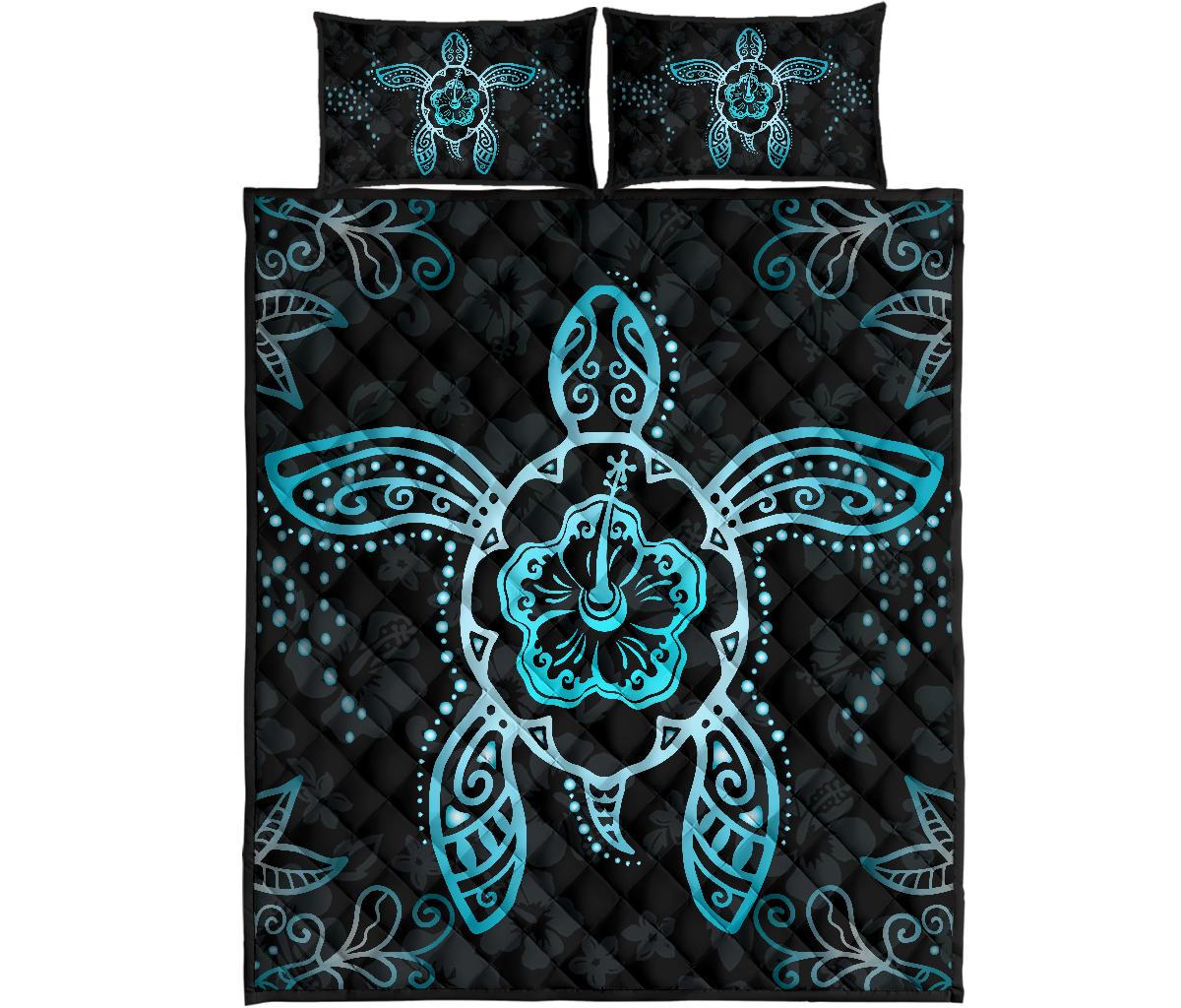 Hawaii Quilt Bed Set - Turtle Hibiscus Blue Quilt Bed Set Blue - Polynesian Pride