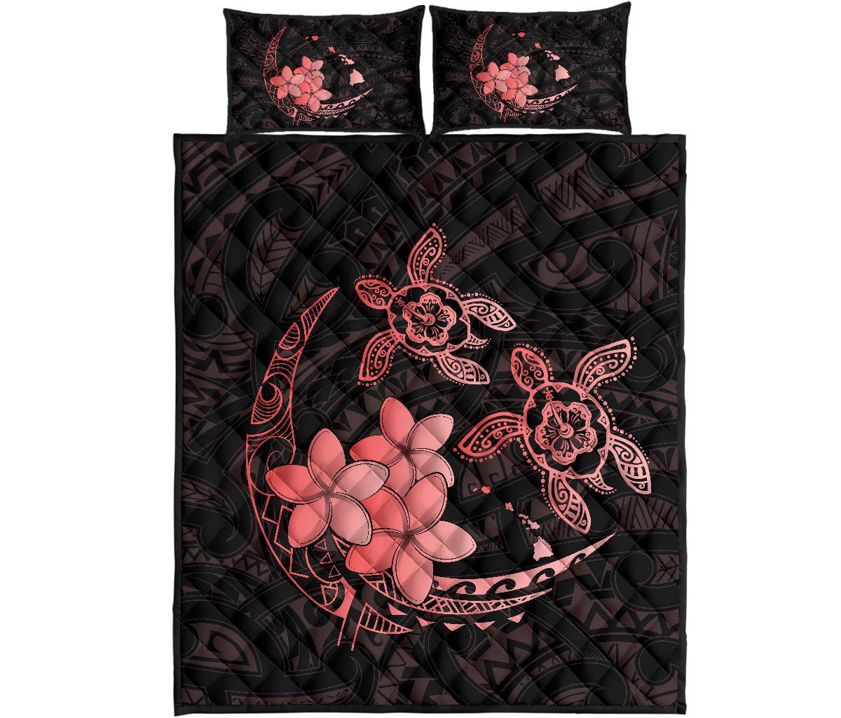 Hawaii Polynesian Turtle Plumeria Quilt Bed Set - Pog Style Red Red - Polynesian Pride