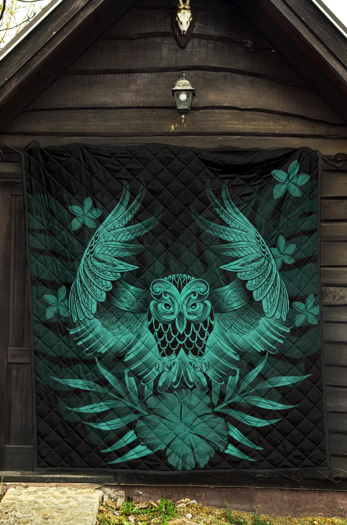 Hawaii Owl Hibiscus Plumeria Premium Quilt - Turquoise - Polynesian Pride