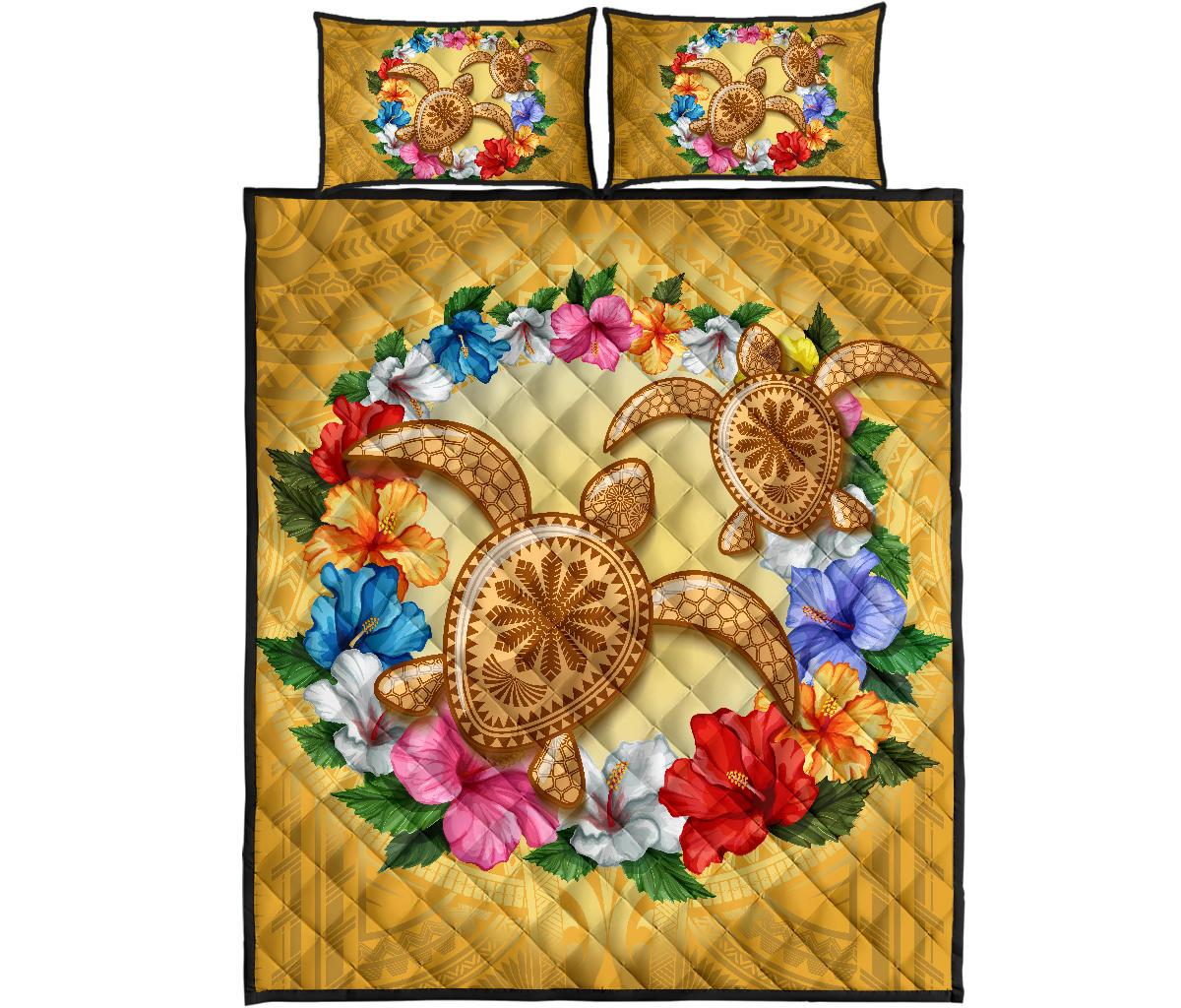 Hawaii Turtle Hibiscus Wreath Polynesian Quilt Bed Set - Crown Style - AH Gold - Polynesian Pride