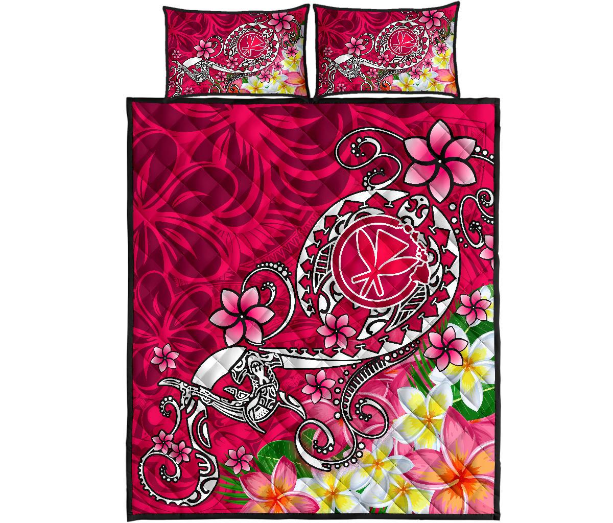 Hawaii Quilt Bed Set - Turtle Plumeria Polynesian Tattoo Pink Color - Polynesian Pride