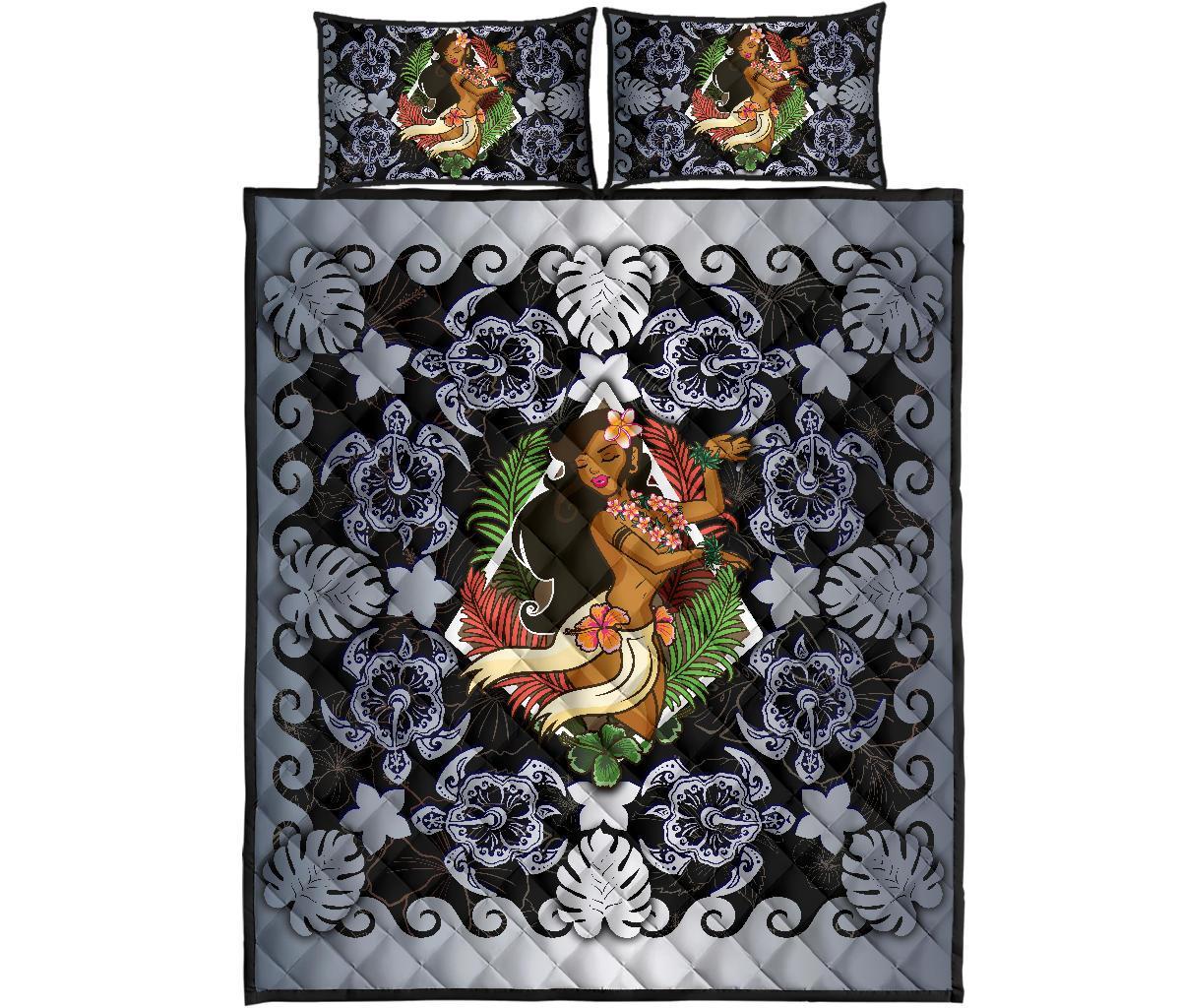 Hawaii Polynesian Quilt Bed Set - Hawaiian Dancing Girl Silver Silver - Polynesian Pride