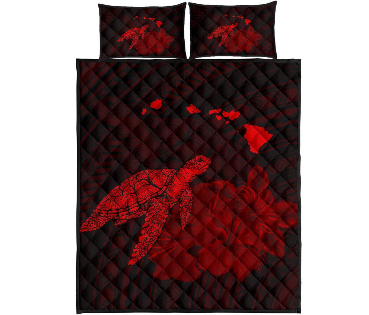 Hawaii Polynesian Hibiscus Turtle Map Quilt Bed Set - AH - Red Red - Polynesian Pride