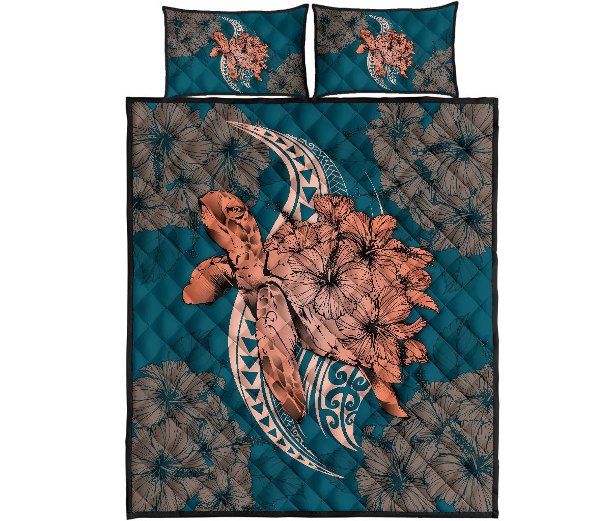 Hawaii Polynesian Turtle Hibiscus Quilt Bed Set - Orange Orange - Polynesian Pride