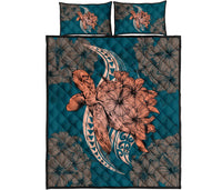 Hawaii Polynesian Turtle Hibiscus Quilt Bed Set - Orange Orange - Polynesian Pride