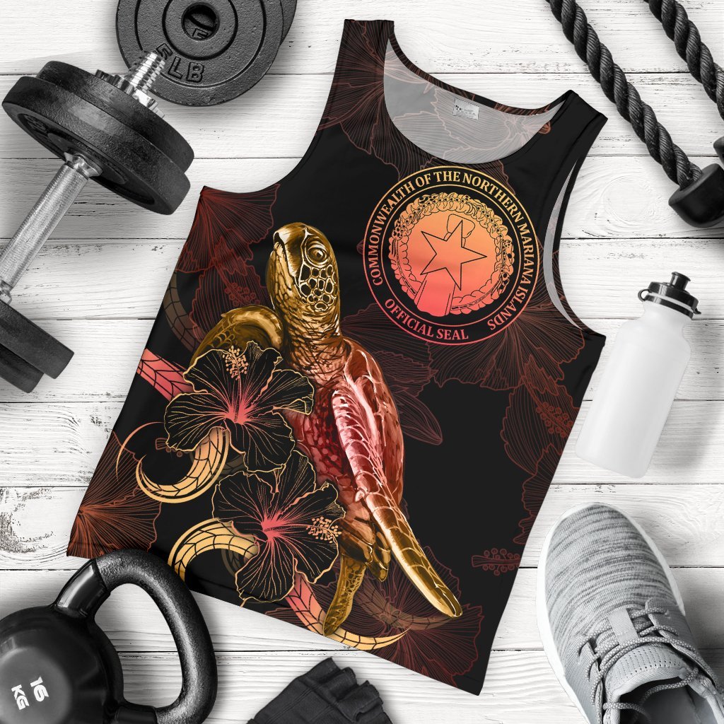 CNMI Men Tank Top - Turtle With Blooming Hibiscus Gold Gold - Polynesian Pride