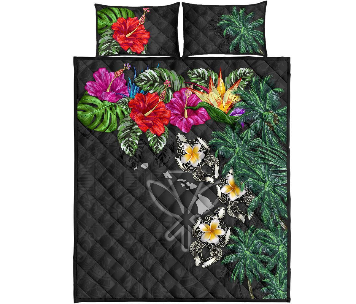 Tahiti Polynesian Quilt Bed Set - Hibiscus Turtle Tattoo Gray Gray - Polynesian Pride