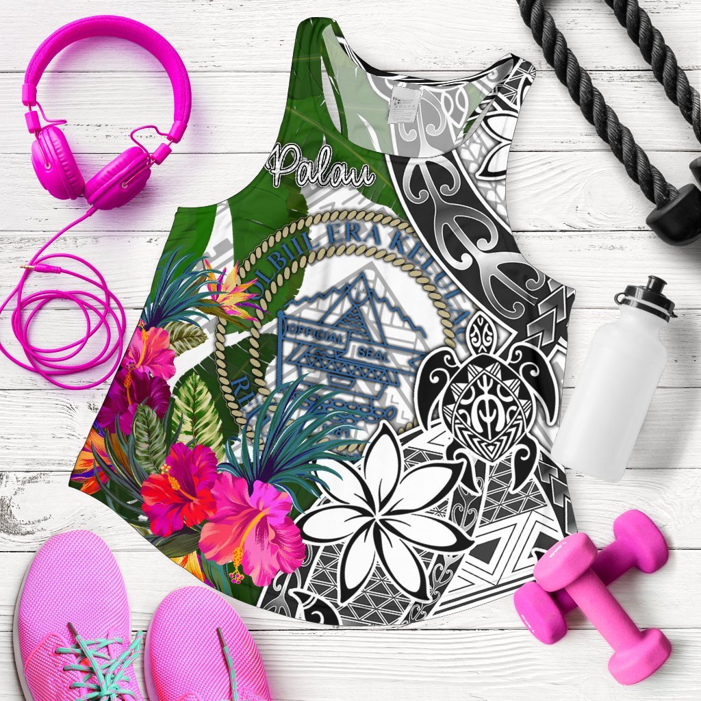 Palau Women's Racerback Tank White - Turtle Plumeria Banana Leaf Crest White - Polynesian Pride