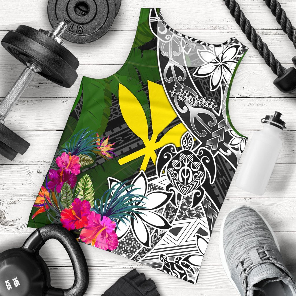 Hawaii Men Tank Top - Turtle Plumeria Banana Leaf Black - Polynesian Pride