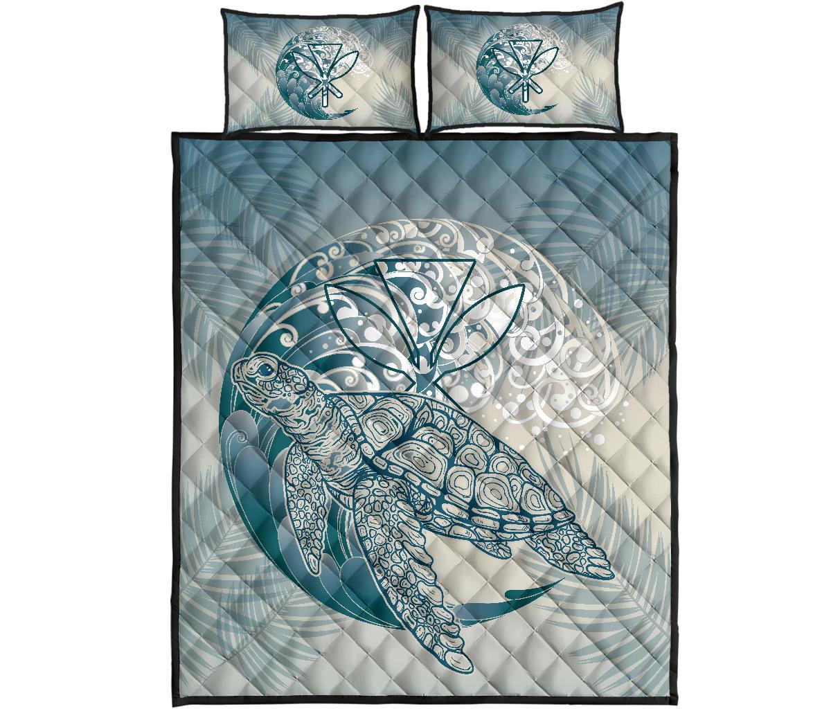 Hawaii Wave Kanaka Turtle Quilt Bed Set Blue - Polynesian Pride