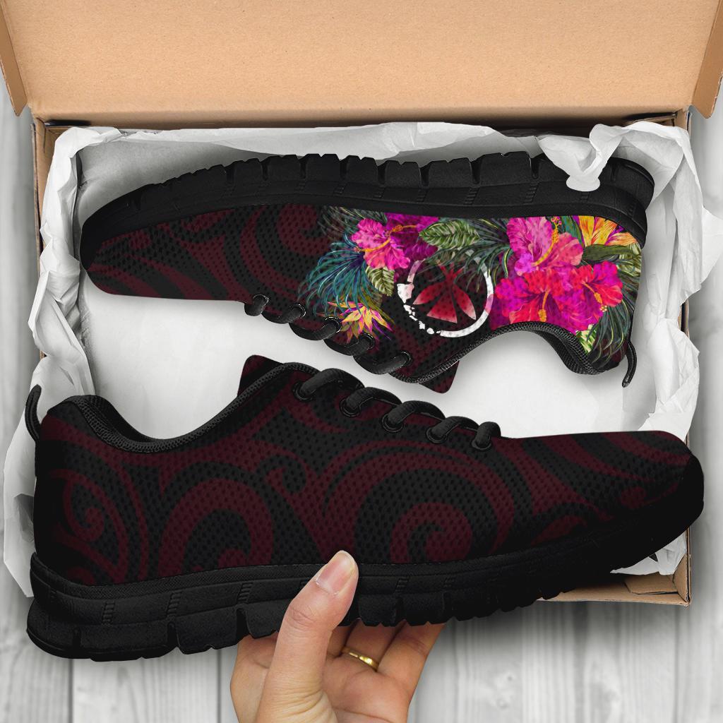 Hawaii Sneakers - Kanaka Maoli With Hibiscus On Polynesian Patterns (RED) - Polynesian Pride