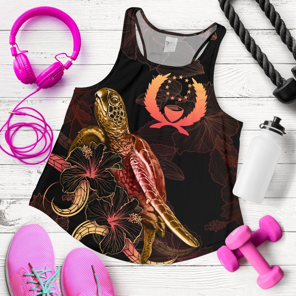 Pohnpei Polynesian Women Tank Top - Turtle With Blooming Hibiscus Gold Gold - Polynesian Pride