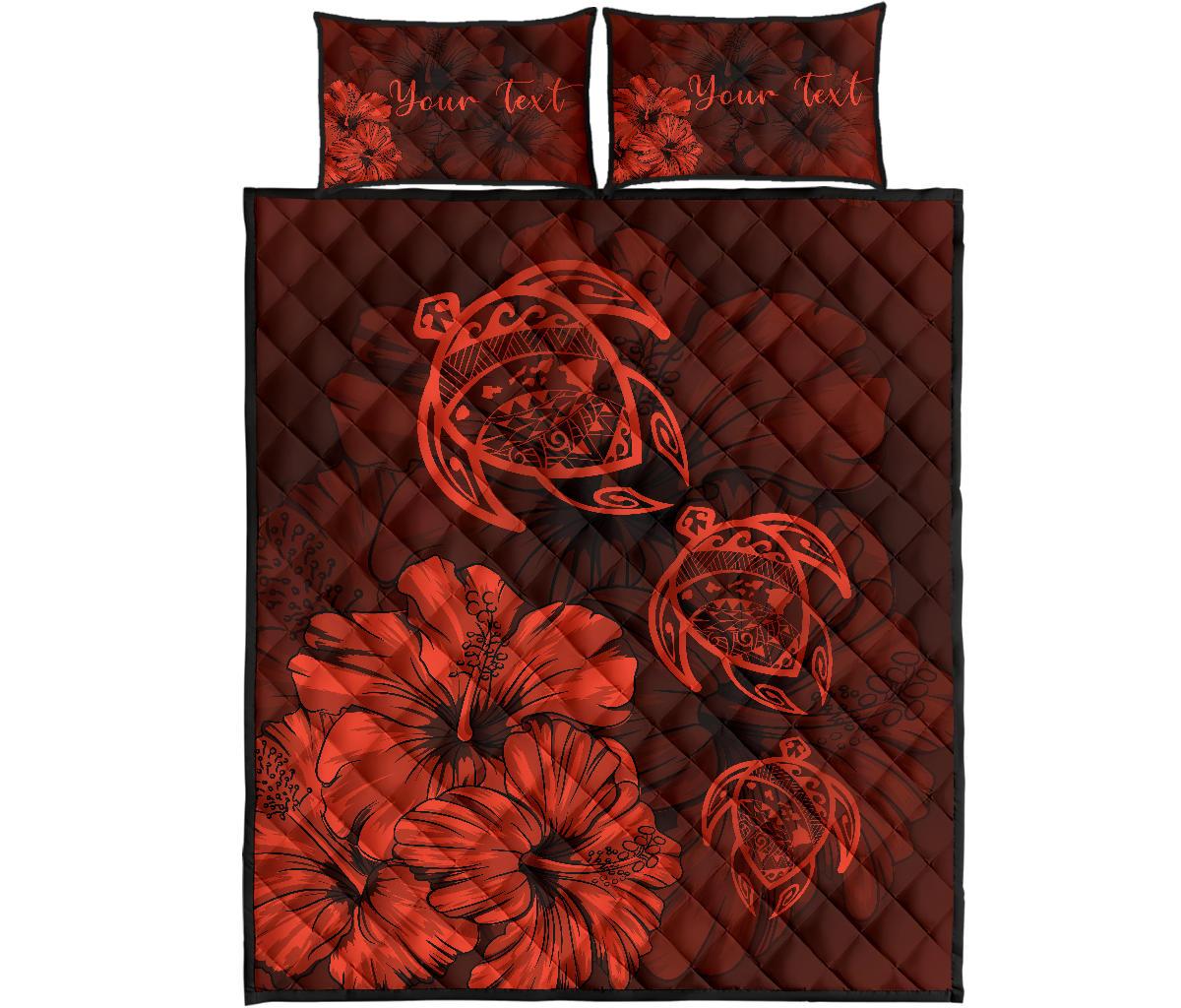 Personalized - Hawaii Map Turtles Hibiscus Quilt Bed Set - Orange Orange - Polynesian Pride