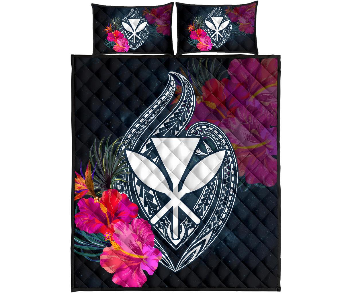 Hawaii Kanaka Polynesian Hibiscus Quilt Bed Set Black - Polynesian Pride