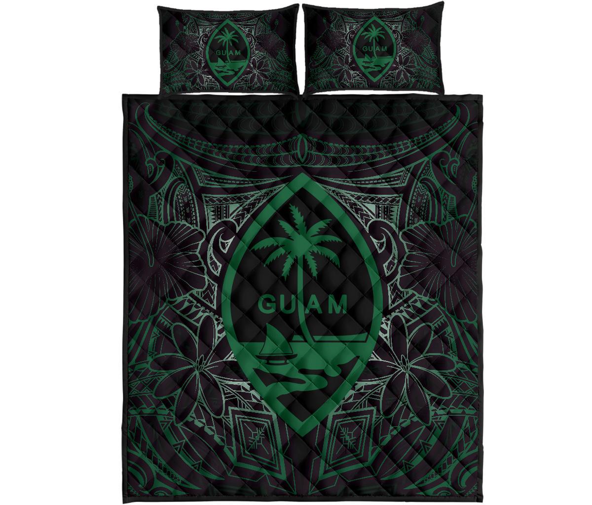 Guam Polynesian Quilt Bed Set - Green Hibiscus Coat Of Arms - Polynesian Pride