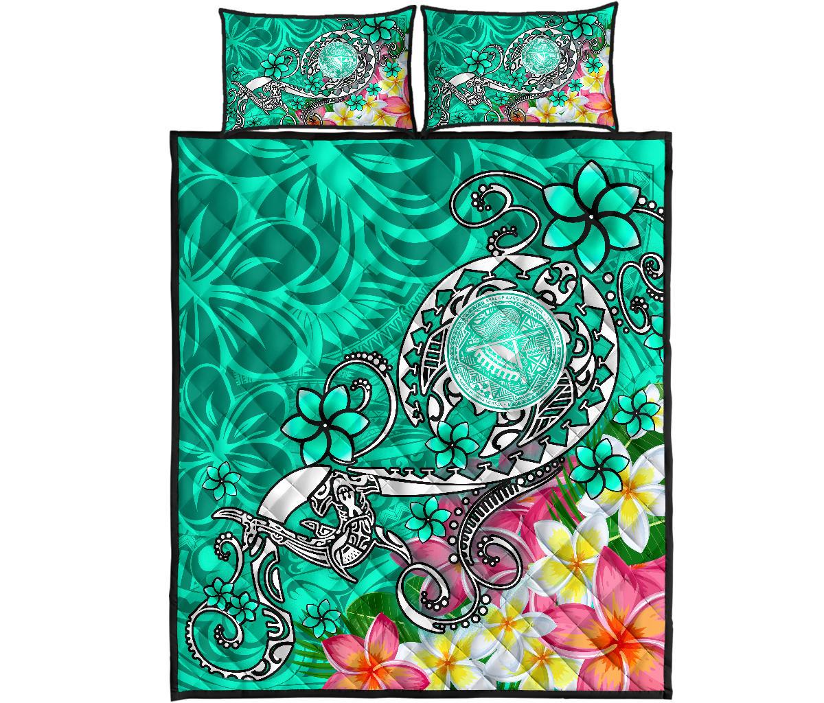 American Samoa Polynesian Quilt Bed Set - Turtle Plumeria (Turquoise) - Polynesian Pride